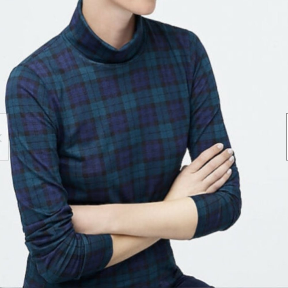 J Crew Printed Tissue Turtleneck Navy Plaid Medium